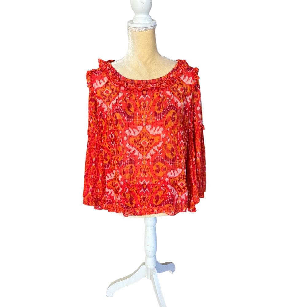 Tory Burch Orange Ikat Ruffle Blouse Top Size 12 Bergdorf Goodman Silk - Picture 12 of 15